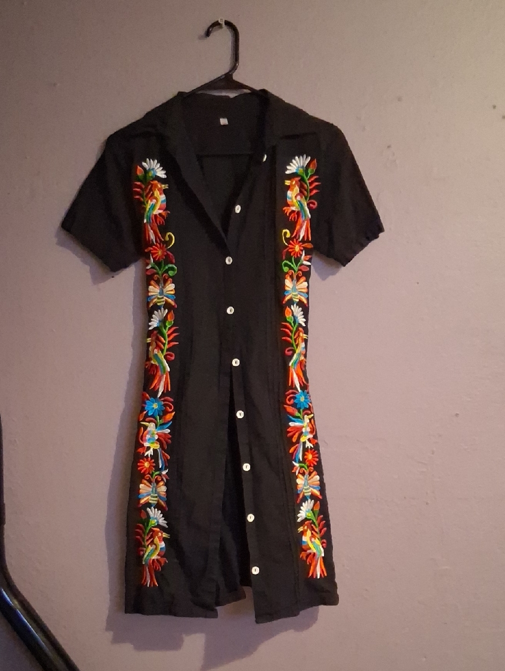 Black Embroidered Button-Front Women’s Dress with Multicolor Floral Trim